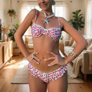 Women Cute 2pcs Bikini Set Ruffled hem Floral  swimsuits Bra +briefs Fashion Beachwear Holiday Swim Party