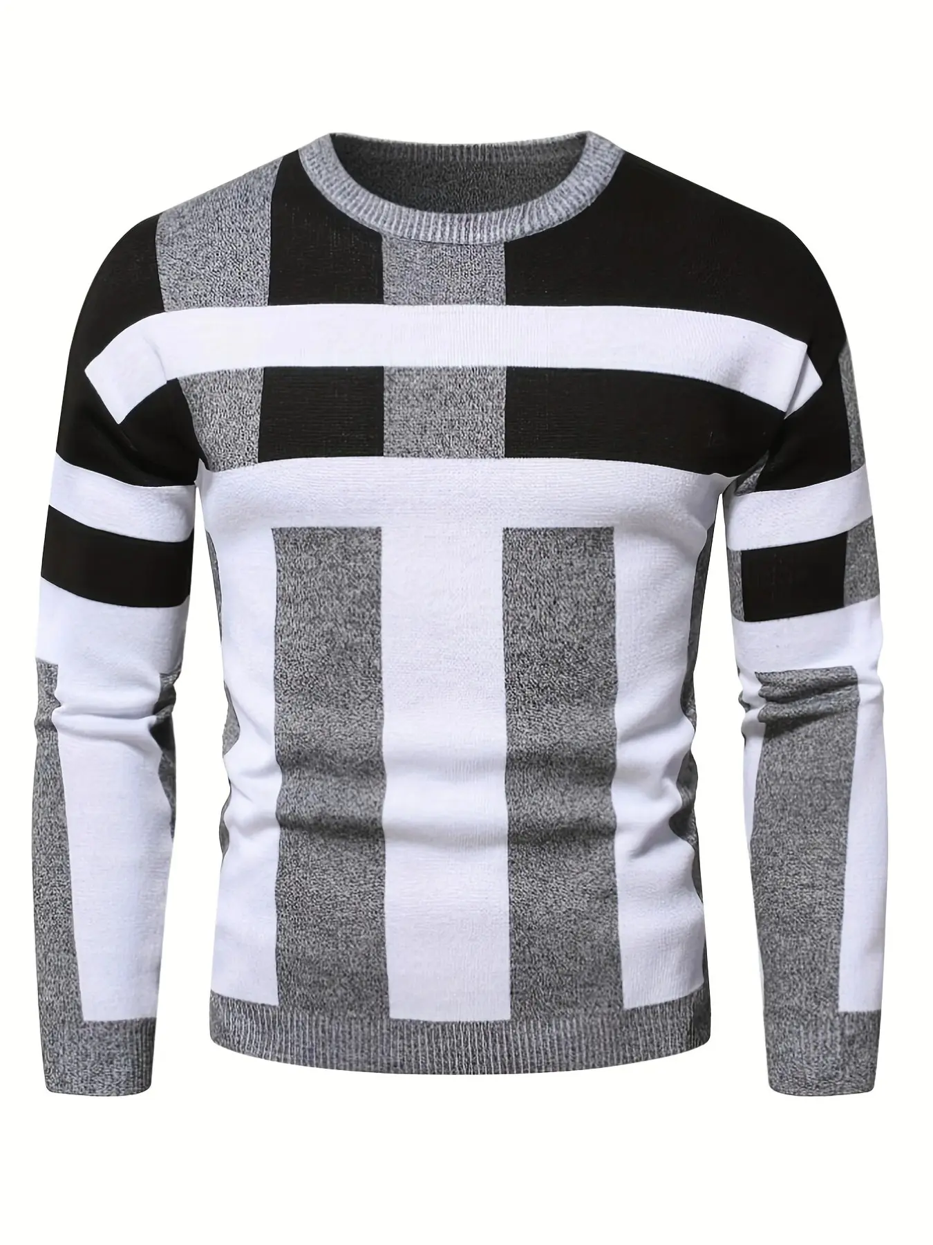 Men's Geometric Colorblock Knit Sweater, Fall Winter New Classic Round Neck Long Sleeve Knitted Pullover, Casual Versatile Bottom Layer Top Knitwear