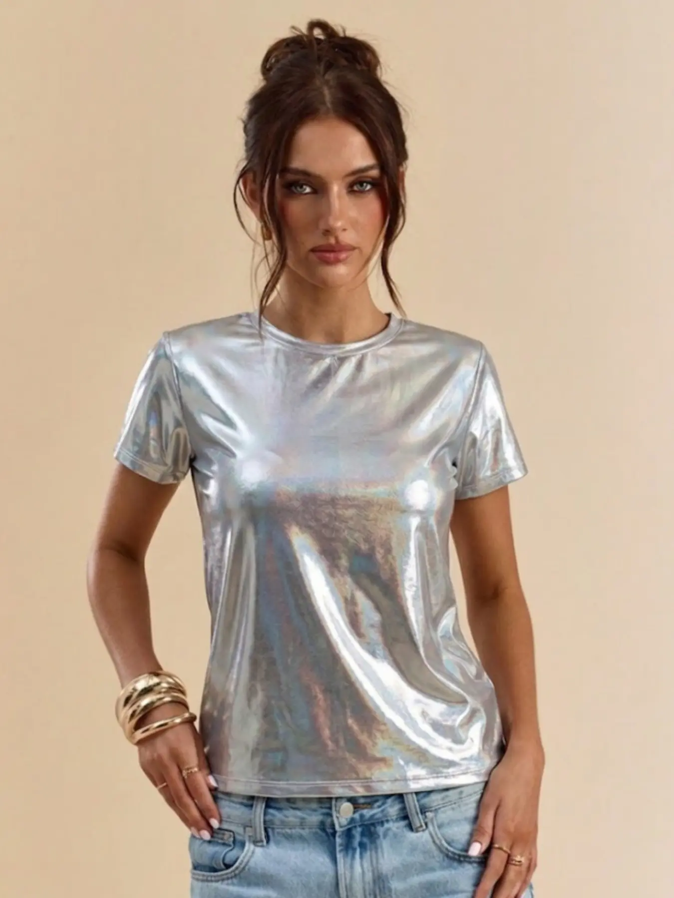 European and American Style Retro Futuristic Metallic Silver Color Short Sleeve T-Shirt, Bright Finish, Fashionable Top for Women, Summer