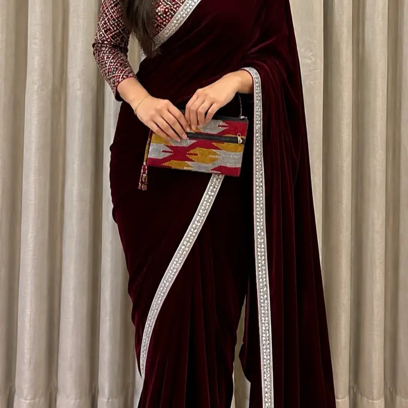 Women's Heavy Maroon Velvet Saree & Rajasthani Stitched Blouse Combo Set (Size 40) - Includes Free Dhaka Pouch, Saree Brochure, Style-Focused Women's Suits, Stylish Clothes