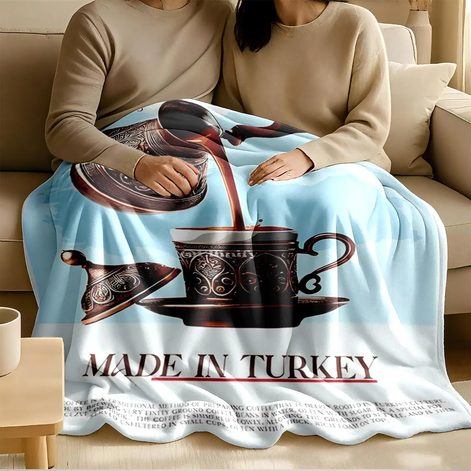 1 piece Turkish Traditional Coffee Culture and Preparation Method themed flannel blanket - Super soft flannel blanket in modern style, suitable for sofas and beds, all-season multi-purpose use, digital print design, 100% polyester material, durable