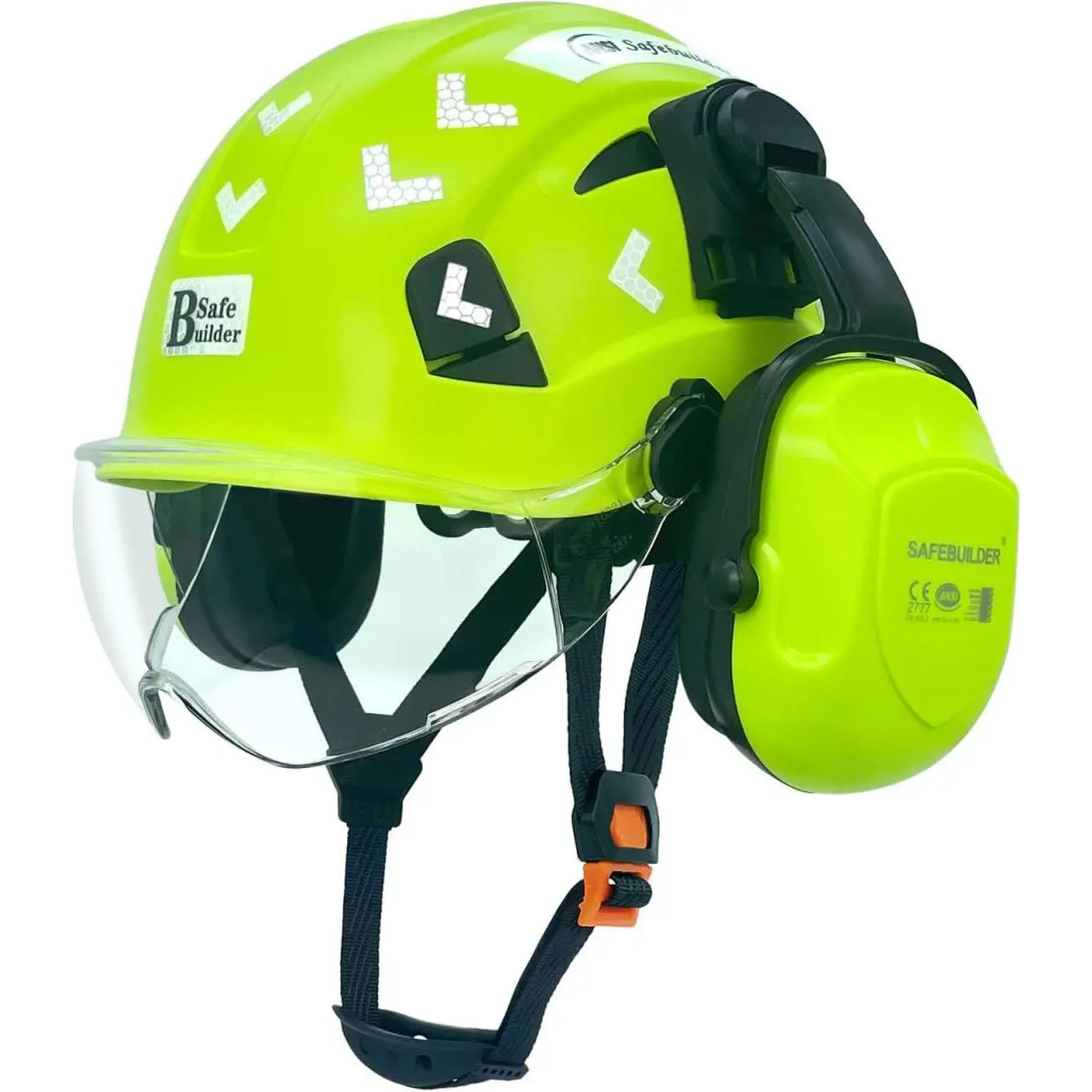 Vented ABS Safety Hard Hat with Ear Protectors and Dual PC Visor, Adjustable 6-Point Suspension for Construction, Fits 53-63cm