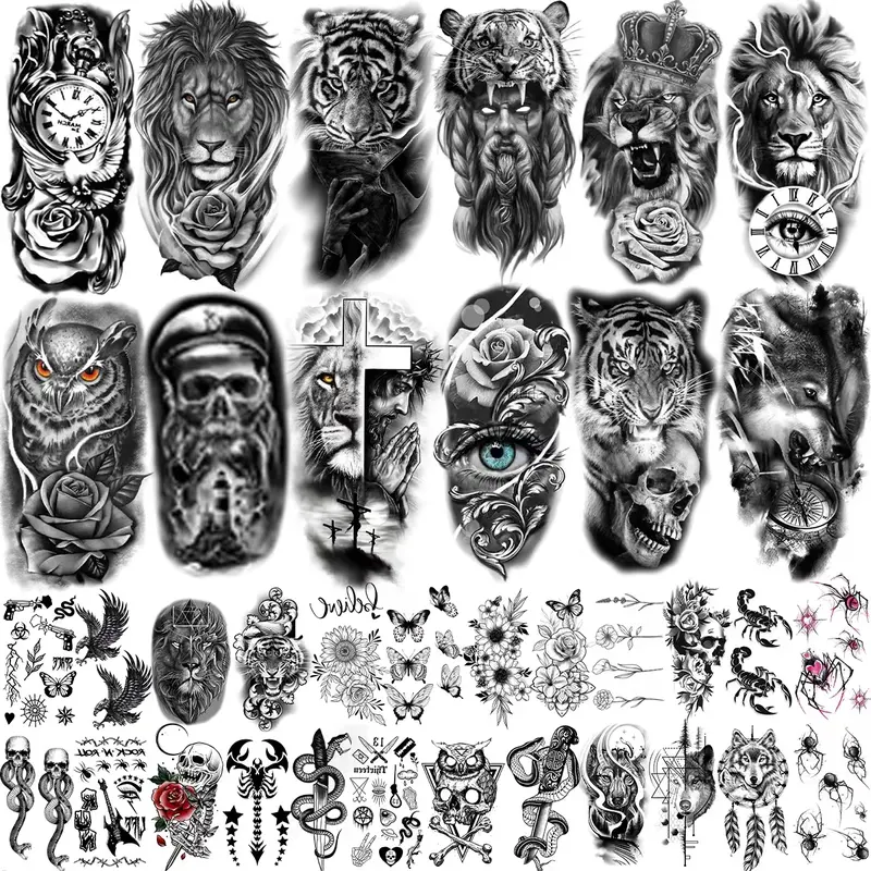 Teens 36 Sheets Large Black Arm Temporary Tattoos For Men Forearm Women Thigh, Half Sleeve Animals Lion Tiger Wolf Temp Tattoo Stickers Adults, Death Skull Compass Flower Fake Tattoos That Look Real Durable Teens