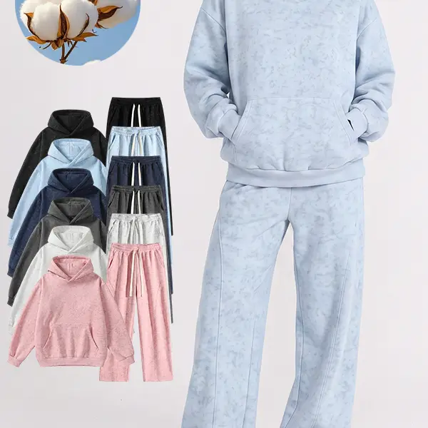 Unisex Retro Acid Wash 2 Piece Sweatsuit Set, Women’s Brushed Inside Hoodies and Wide Leg Pants, Casual Fleece Lined Cotton Blended Lounge Outfit Suits Gift Wrapped Gift Packaging