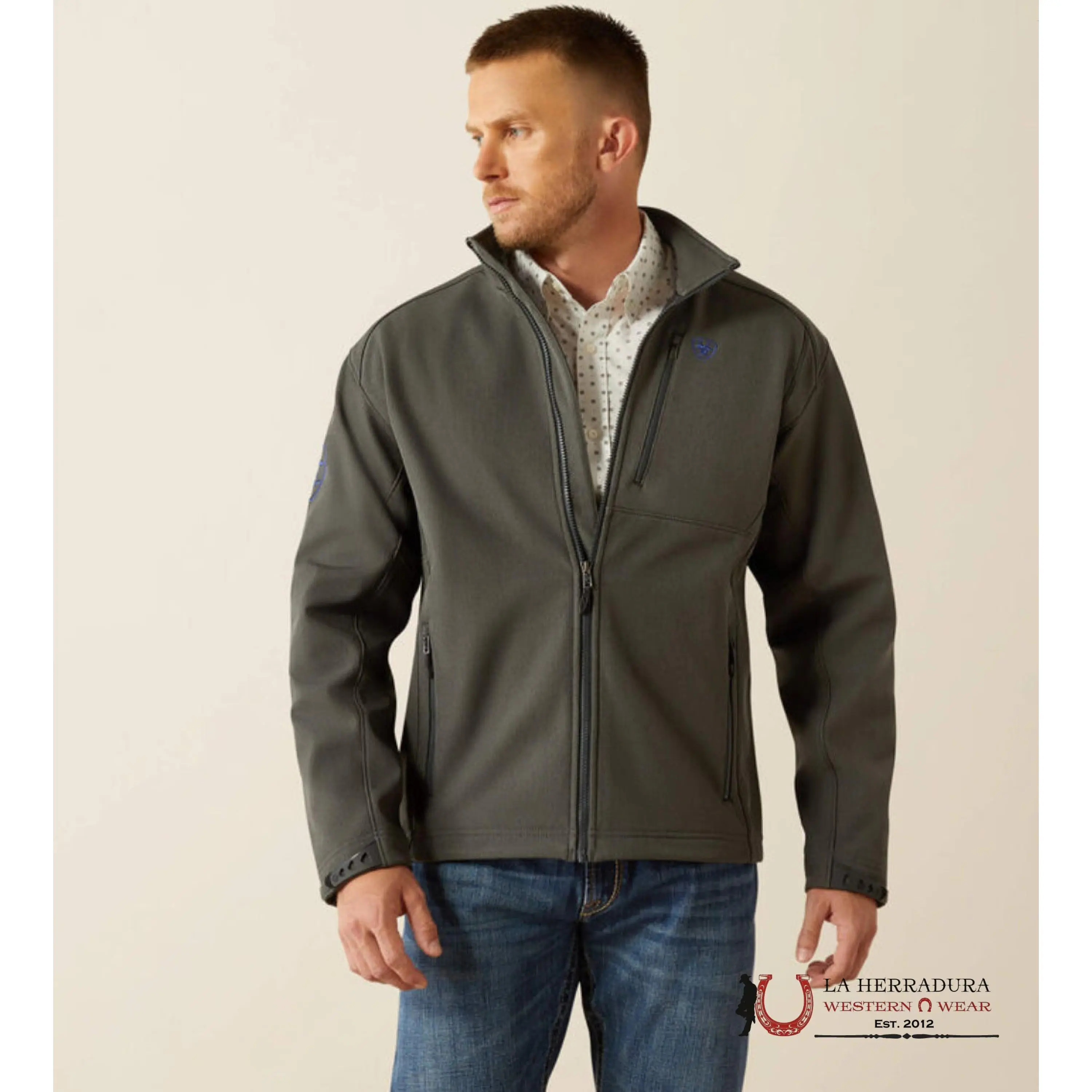 Ariat Logo 2.0 Softshell Charcoal Heather Fitted Long Sleeve Jacket for Men, Wind-Water Resistant Tops, Stylish Plain All-Season Casual Coats with Zippered Pocket, Adjustable Straps