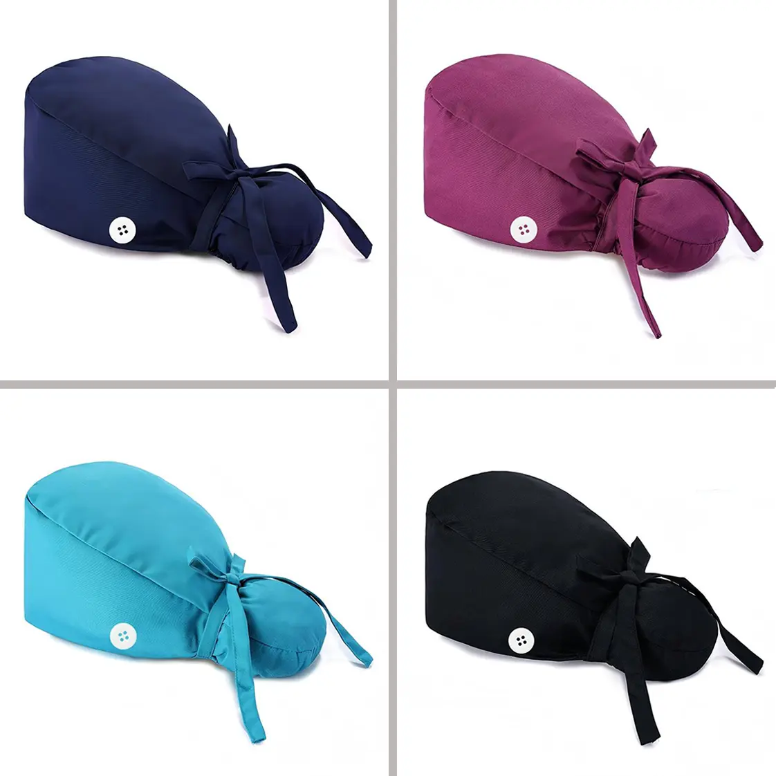 Women's Fitted Hat Set - 4 Pcs Scrub Caps with Buttons, Adjustable Bouffant Working Hats, Sweatband-Equipped Fashion Accessory, Fast‑Dry Cotton