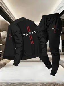 Men's Fall/winter Letter Pattern Jacket Set Outfit, Casual Long Sleeve Stand Collar, Fitted, Comfortable Drawstring Waist Pocket Design