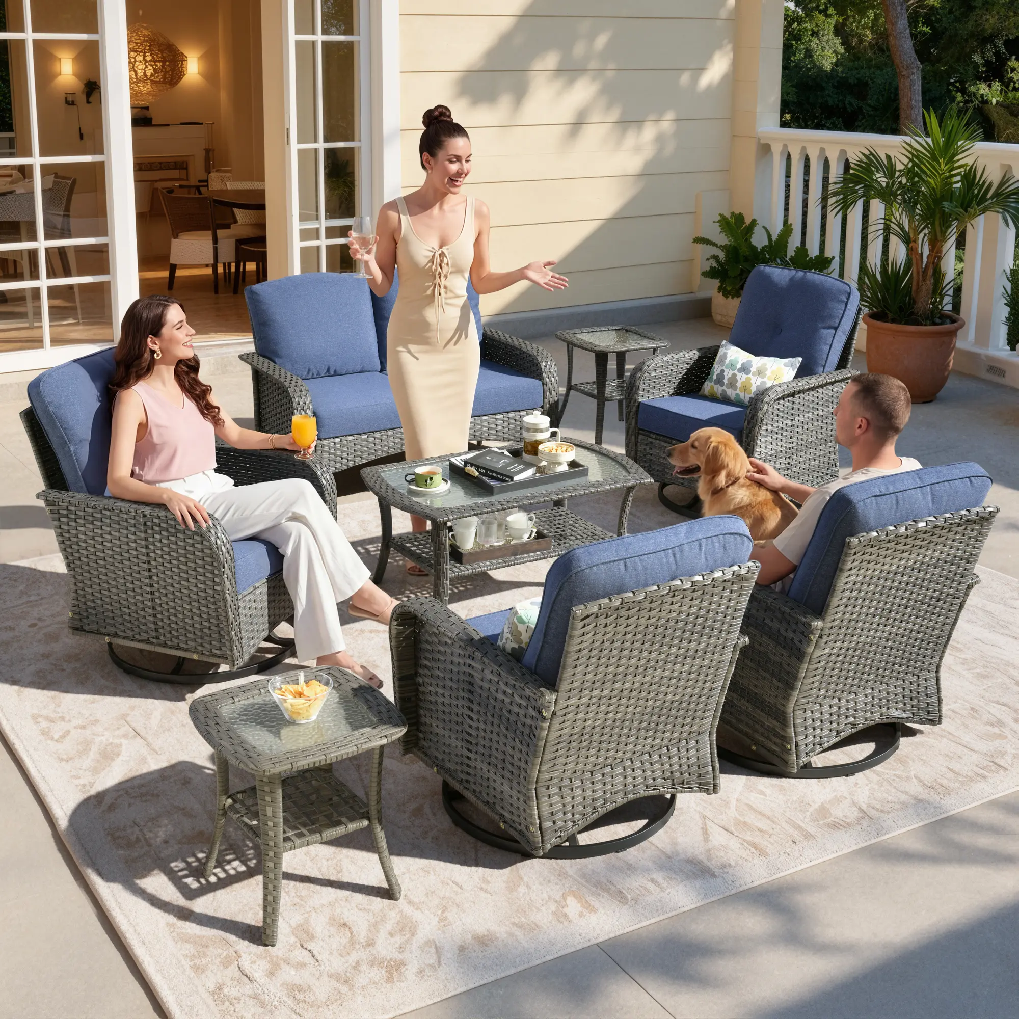 【Summerfinds】OVIOS 8-Piece Outdoor Patio Furniture Set with Swivel Rocking Chairs & Coffee Table, High-Back All-Weather Wicker Seating Set with Cushions for Backyard, Patio, Porch, Deck & Garden