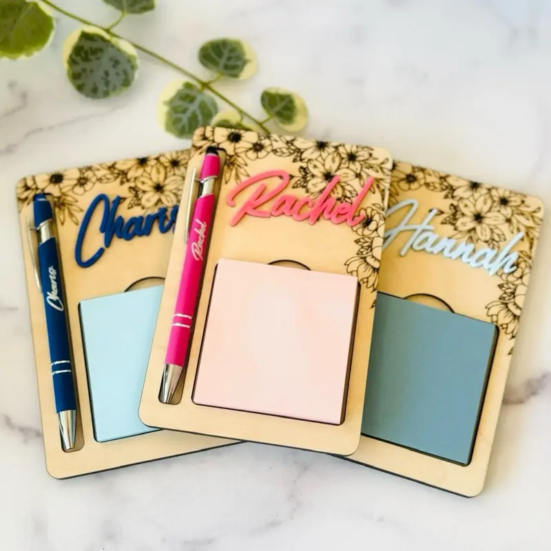 Personalized Notepad Holder & Pen Set Custom Engraved Desk Organizer Teacher Gift Office Decor Coworker Gift Boss Gift Beach Handcrafted Quality Wood Smooth Finish Fits Standard 3x3 Sticky Notes  Personalized Engraving Available