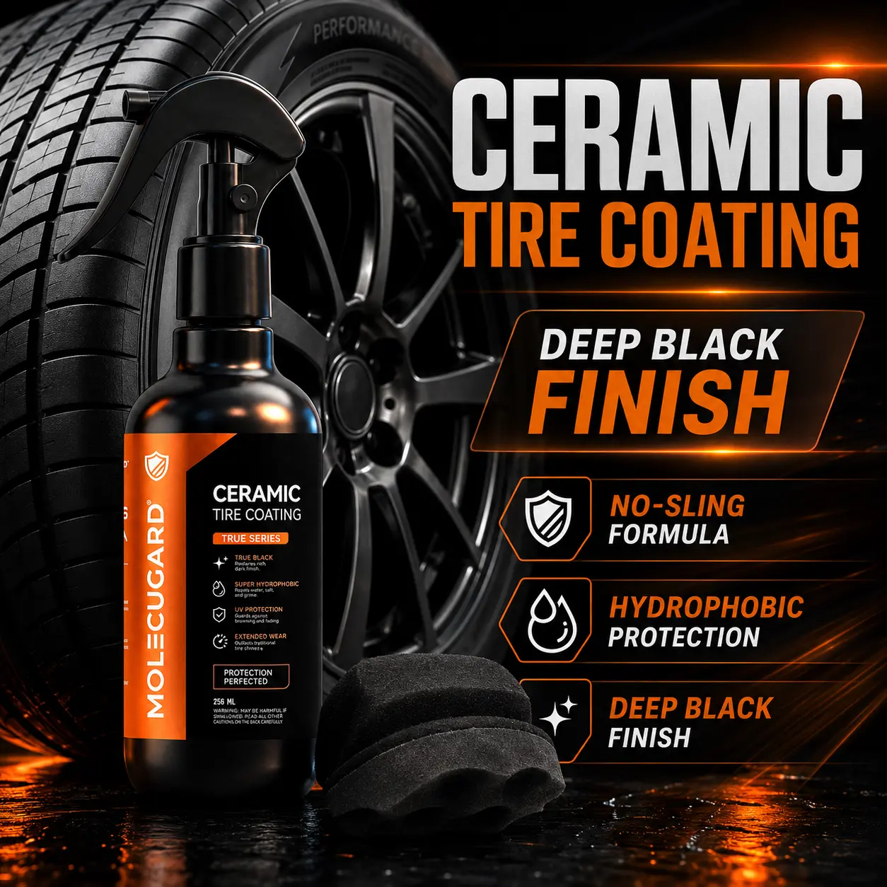 Buy 1 Coating Get 1 Applicator Free I MolecuGard CeramicTire Coating Spray, Tire Shine & Dressing, No Sling, DeepBlack Wet Look Gloss Finish, Water & Dirt Repellent, UVProtection, Long Lasting Tire Restorer for Cars, SUVs &Trucks, 250ml