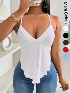 Women's Plain Lace Up Backless Asymmetrical Hem Knitting Fabric Cami Top, Casual Sleeveless V Neck Top for Summer, Ladies Clothes for Daily Wear, Womenswear