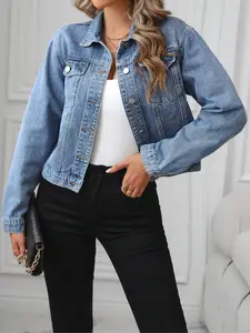 New Style Denim Jacket with Short Front Placket Fitted All-Purpose Long-Sleeved Top