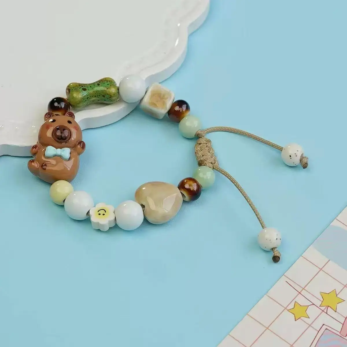 Cartoon Pottery Cute Piglet-Capybara Ceramic Beaded Bracelet, Collectible Cultural Decor Item