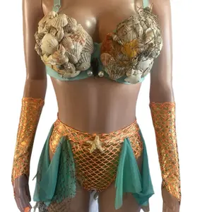 Exotic Mermaid Set with Gloves - Shell Embellished Bra & Mermaid Tail Skirt in Teal & Gold