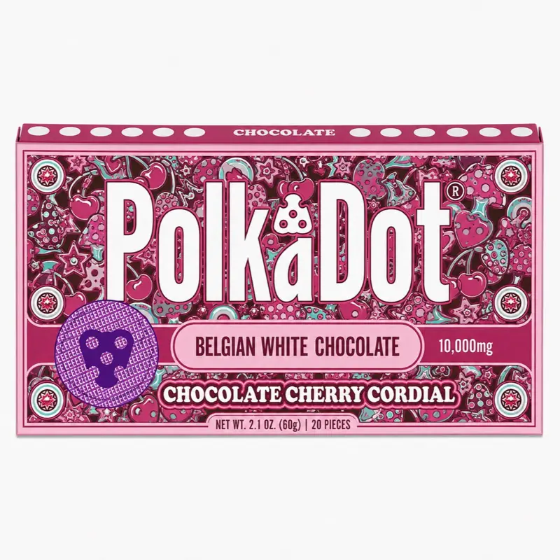 Polkadot Belgian Chocolate, Cherry Cordial, 20 Count, High Potency Plant-based Mushroom Snack, 100% Organic, High-Quality Ingredients, Made in USA, All Natural, Healthy Chocolate, 20 Piece Chocolate Bar