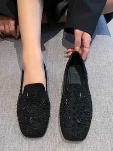 High-End Dark Style Rivet Square Toe Shoes, Essential for Commuting, Streetwear, Dates, Fashionable and Versatile, Perfect for Mother's Day