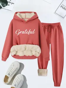 Women's Letter Print Thermal Lined Hoodie & Drawstring Waist Pants Two-piece Set, Casual Long Sleeve Hooded Sweatshirt & Pocket Trousers for Fall & Winter, Women's Clothes for Daily Wear, Knit Outfit Set