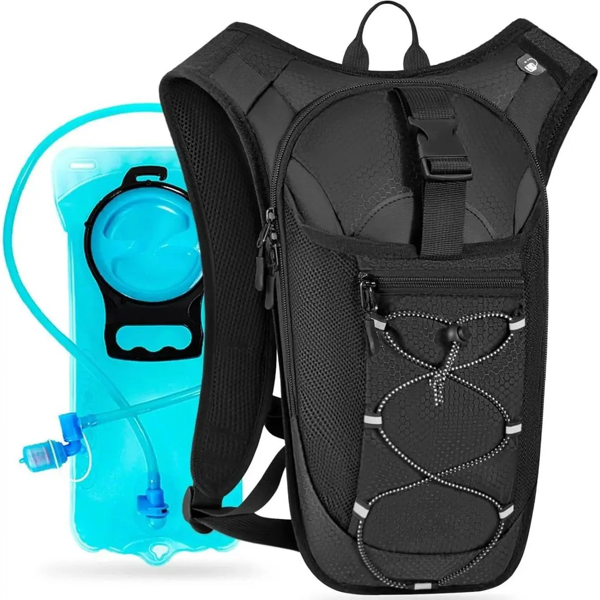 Rugged Durable Nylon Hydration Backpack with Leak-Proof 2L Water Bladder, Lightweight Hydro Daypack with Power Bank for Hiking, Cycling