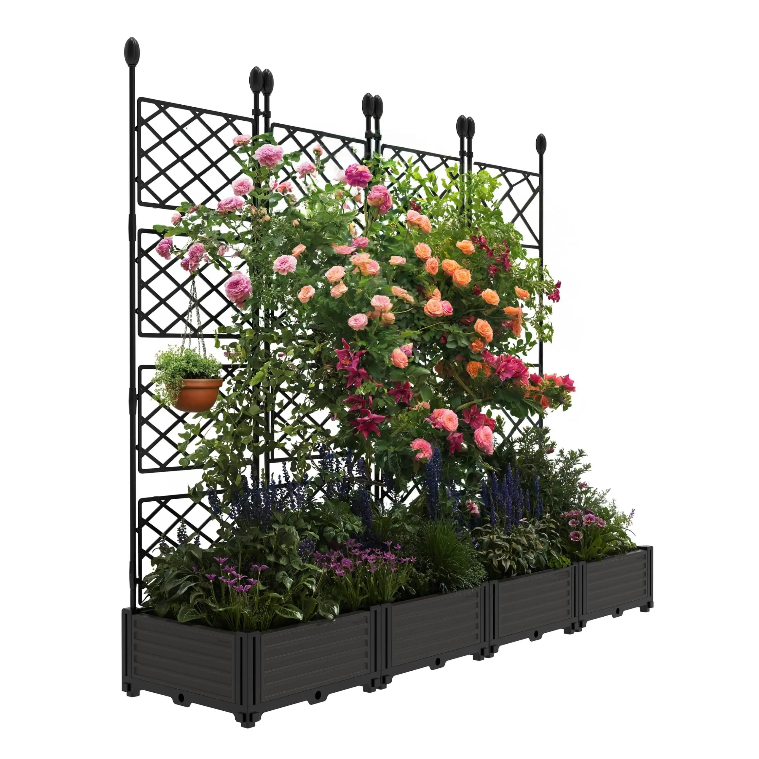 Garvee 4 PCS Raised Garden Bed with Trellis, 66 in W x 63 in Tall Plastic Planter Box for Climbing Plants, Outdoor Vertical Garden with Privacy Screen for Patio, Balcony, Backyard – Sturdy & Lightweight