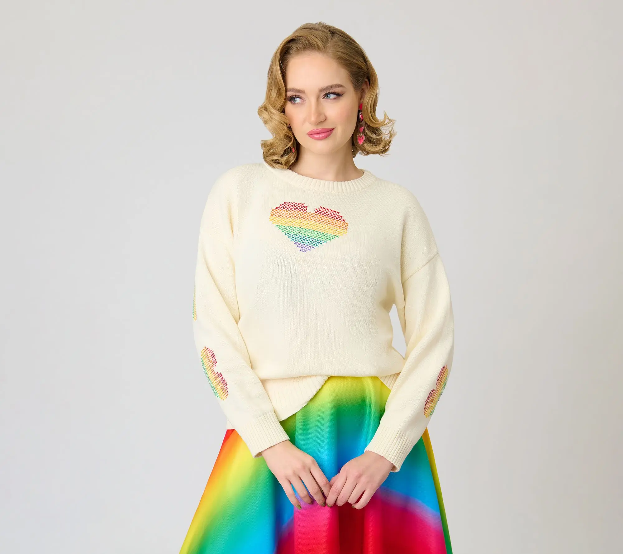 Unique Vintage Ivory Cross Stitch Drop Shoulder Sweater