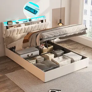[SummerVibes] Vabches Hydraulic Lift-Up Storage Bed Frame with Adjustable Headboard, Built-In Charging Station, LED Lights, Noise-Free Wood Slats, No Box Spring Needed, Hydraulic Storage Bed