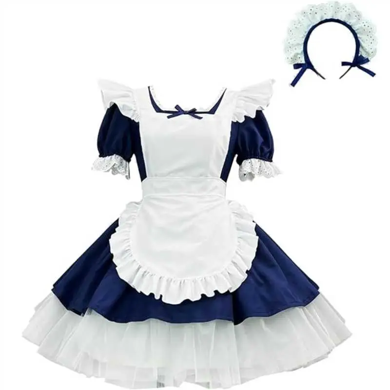 Women's French Maid Costume Adult Halloween Cosplay Dress with Apron Role Play Party Uniform Outfi