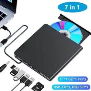 7-In-1 External CD DVD Drive, Four USB Ports, TF/SD Card Slots, USB 3.0 and Type-C Interface, Portable for Laptop Macbook PC
