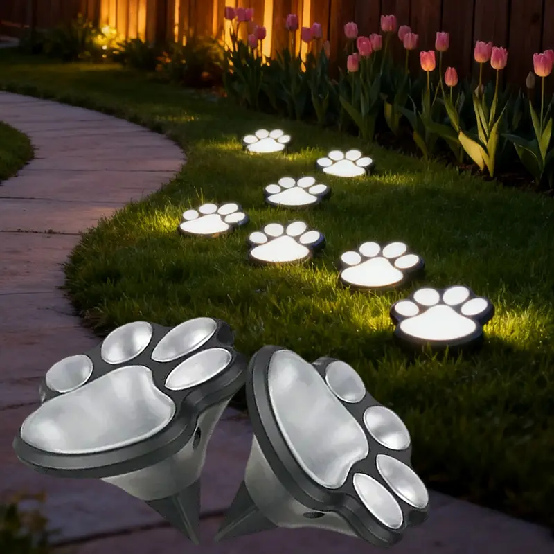 2-pack white solar garden lights, unique cat paw print design, light sensor switch, constant mode, solar garden lights, outdoor waterproof safety lights, LED lawn and courtyard lights, autumn decoration. Automatic