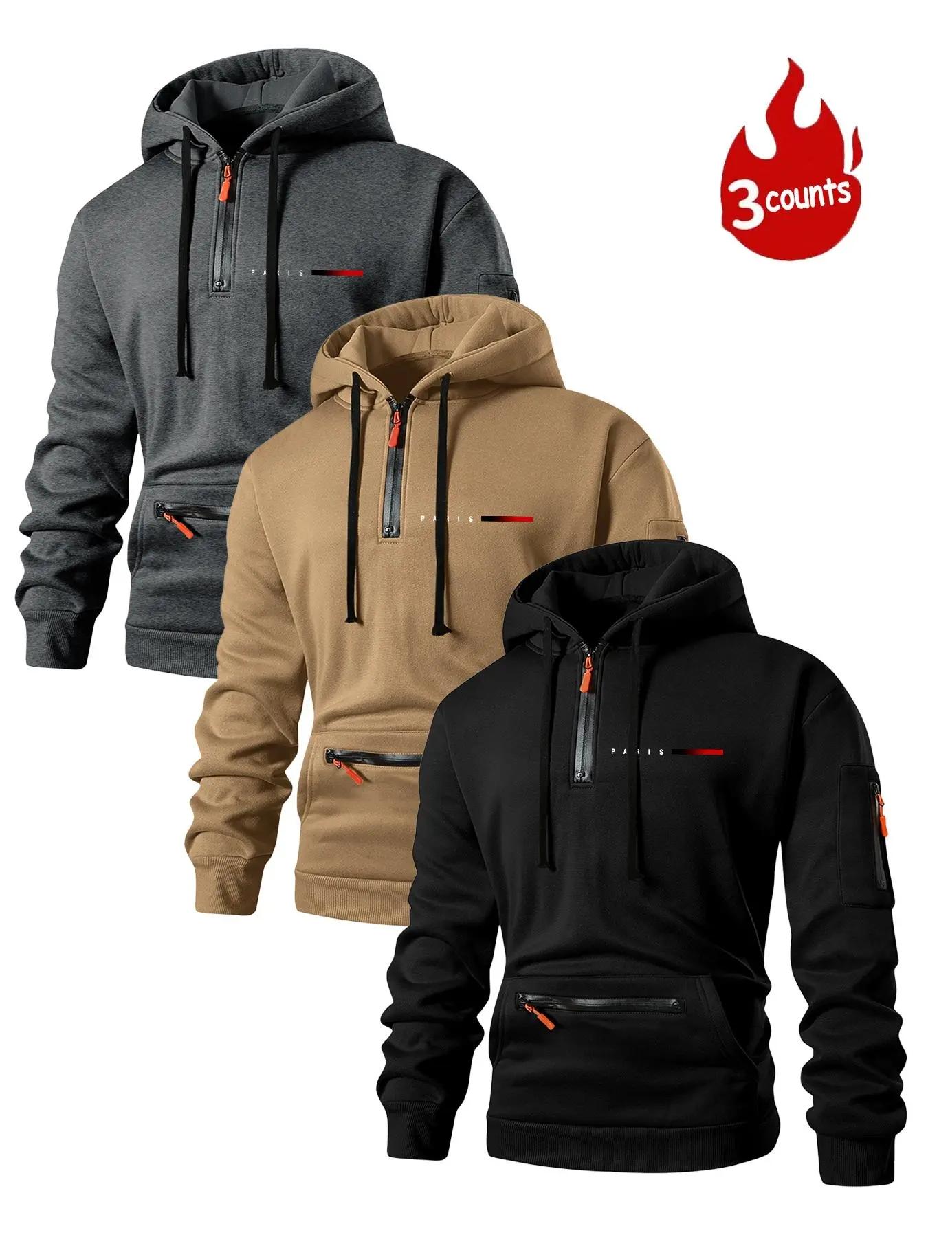 Men's Hooded Sweatshirt Set, Paris Letter Print, Zipper Design, Kangaroo Pocket, Casual Fall & Winter Wear, Loose Fit, Fabric, 3 Pack