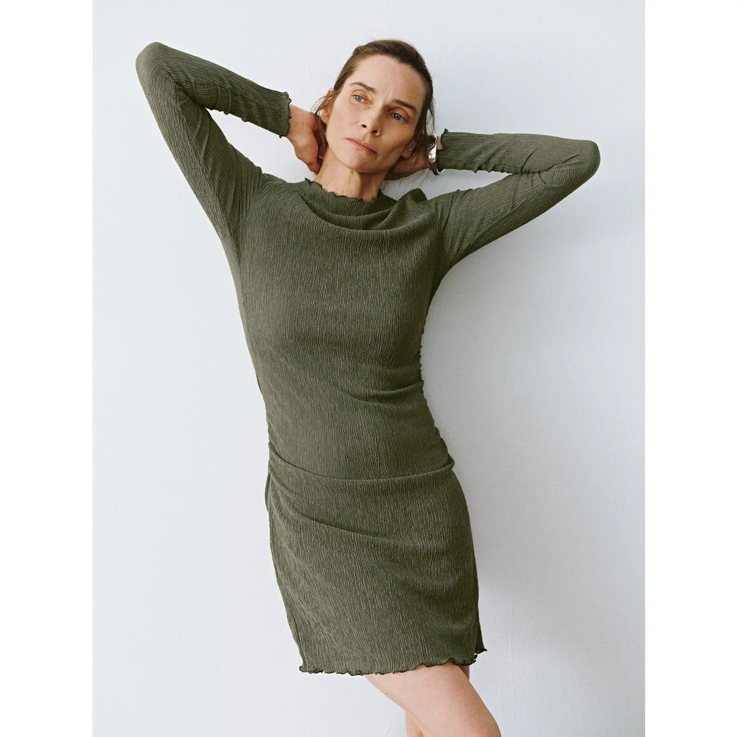 Women's Bodycon Mini Dress in Olive Green, Mock Neck Long Sleeve Ruched Ribbed Knit Polyester Blend for Going Out, Lady, Elastane, Ready To Wear, Ruched Detail, Above Knee Casual Dresses, Cold Wash, Elegant, Do Not Dry Clean, Fitted, Clothes, Sheath, Skin