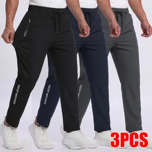 Men's 3 Pack Quick Dry Athletic Pants, Elastic Waist Drawstring Workout Joggers, Lightweight Gym Pants with Zipper Pockets & Printed Details