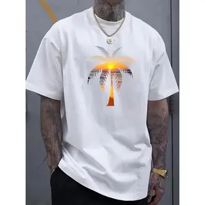1pc Men'S Summer Casual Cotton T-Shirt with Sunset Coconut Tree Print, Crew Neck, Short Sleeve, Slight Stretch, Regular Fit, Knit Fabric, Alphabet Pattern, Fashionable Athleisure Style for Everyday Wear