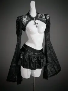 Women's Gothic Lace Halloween Costume Long Sleeve Cropped Top, Stylish and Spooky Design for Festive, Perfect for Party Wear