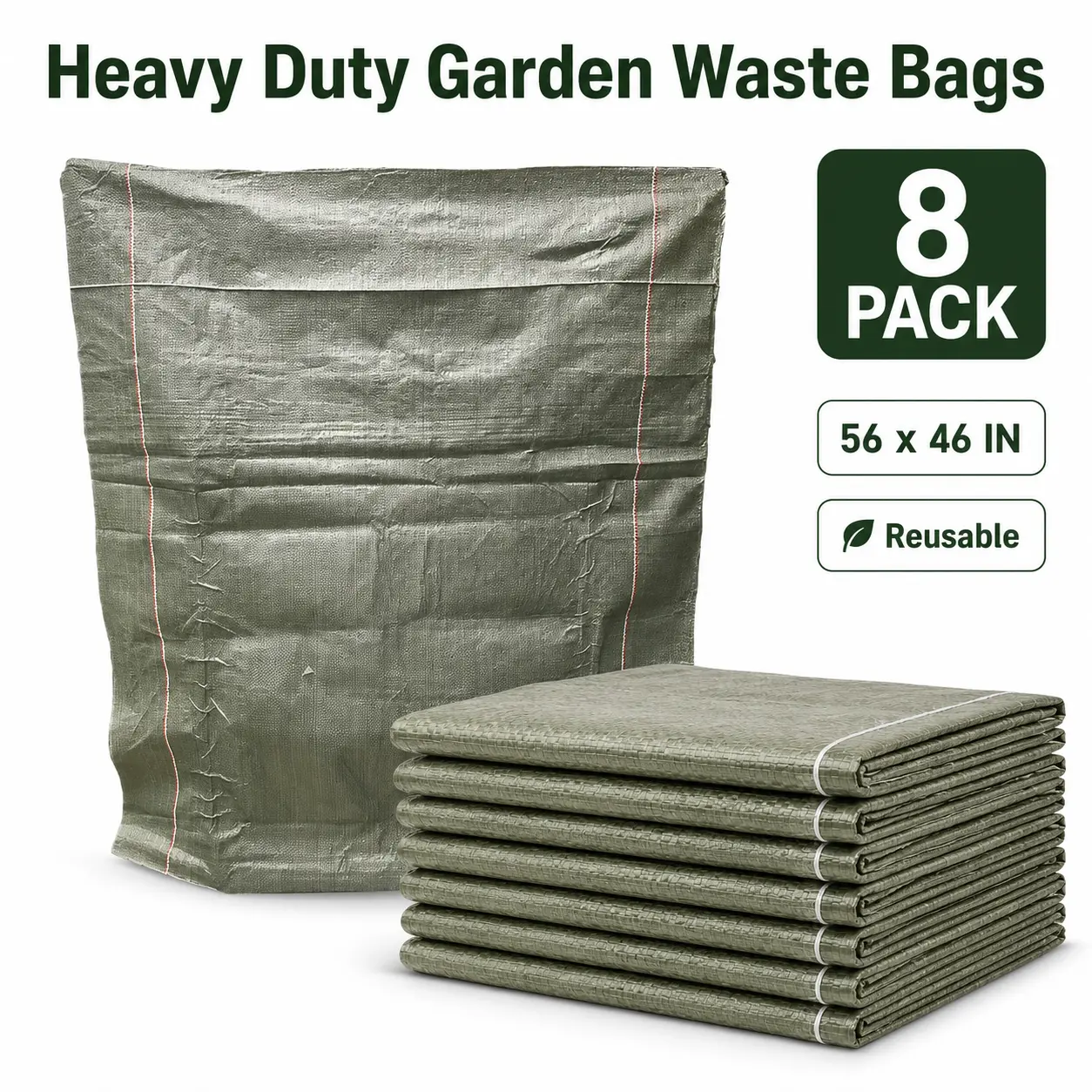 8 Pack Heavy Duty Yard Waste Bags, 56 x 46 Inch Reusable Woven PP Garden Bags with Laminated Inner Layer, Large Lawn Leaf Bags for Grass Clippings, Leaves, Yard Debris and Outdoor Cleanup, Light Green