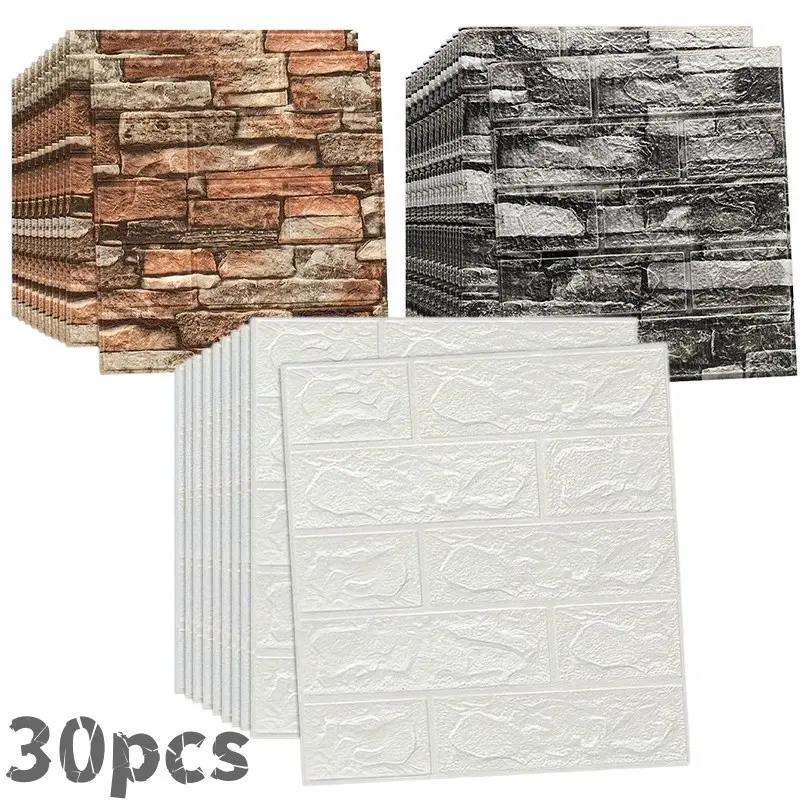 30pcs 3D Brick Pattern Decorative Wallpaper Stickers, Self-Adhesive Foam Wall Decals, Thick Design, Brick Wallpaper Peel And Stick, Easy Peel & Stick, Cleanable, Suitable for Living Room Kitchen Bedroom Dorm Office Decor, Textured Wall Paper