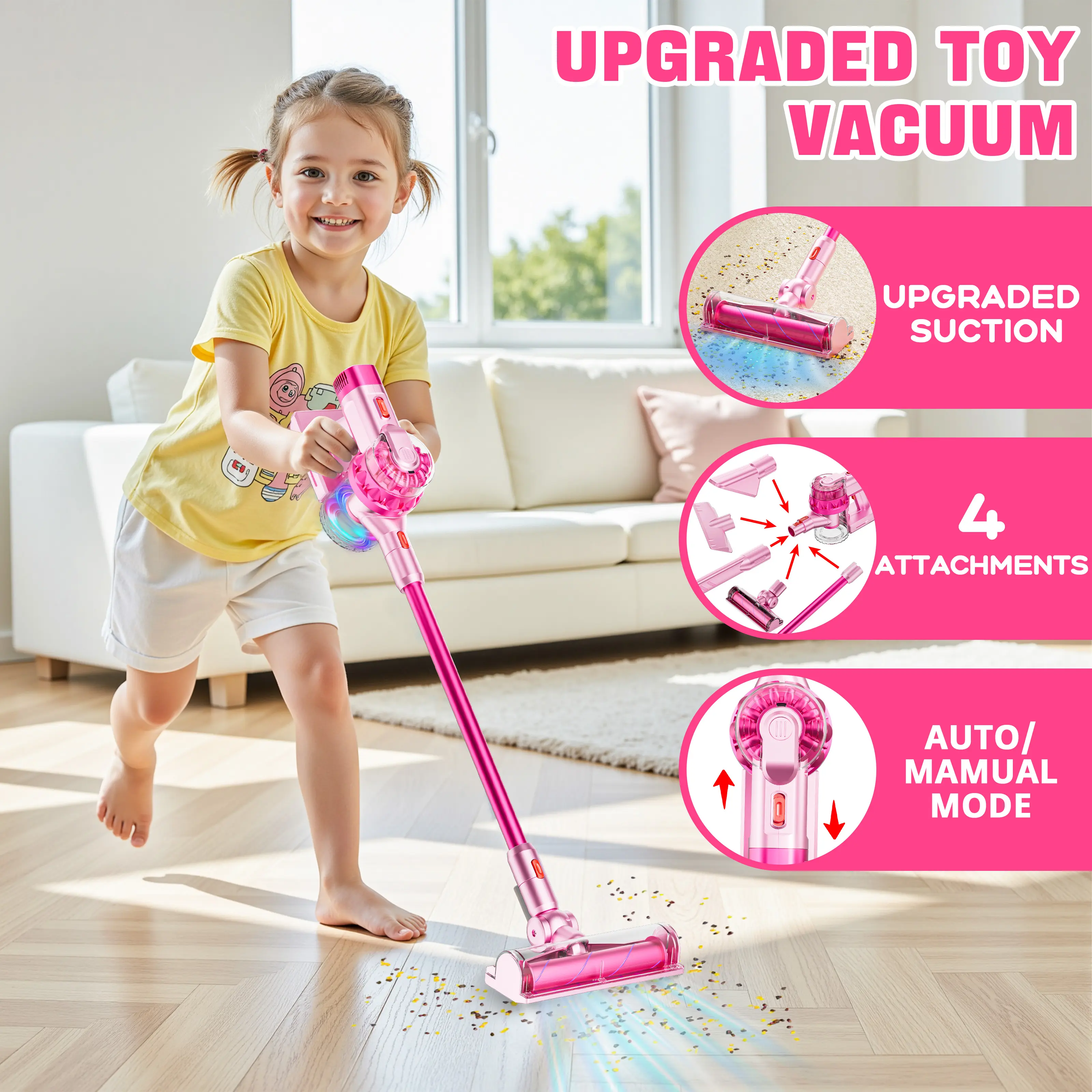 BLAXTEM 4-in-1 Kids Toy Vacuum Cleaner Set - Real Suction, 4 Attachments, Auto-Manual Modes, Learning Fun, Sound & Light Play - Toddler Toys Gift for 3-7 Year Olds Household Pretend Play