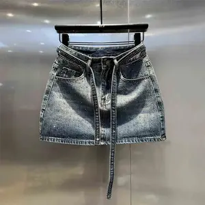 Women's oversized retro diamond denim mini skirt summer high waisted shiny rivet slim fit skirt gradient black gray denim skirt, women's bottom basic minimalismRAIMENTRY