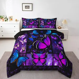 Butterfly Comforter Set,Starry Sky Galaxy Comforter,Blue Purple Butterfly Bedding Sets,Women Bed,Aesthetics Butterflies Quilt Duvet Set