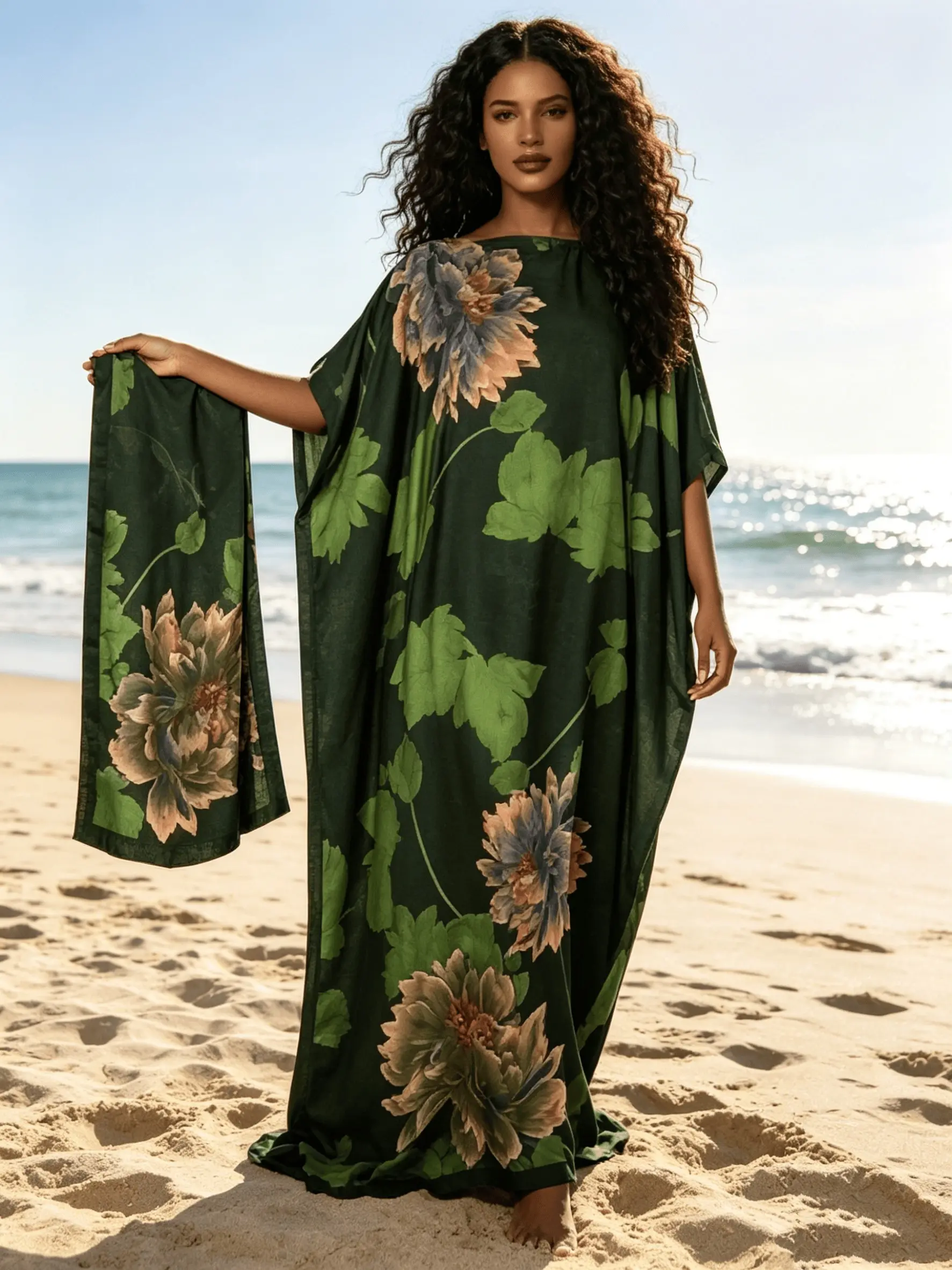 2026 New Women's 2 Piece Dark Green Floral Print Casual Kaftan Maxi Dress with Matching Scarf, Silky Loose Pleated Robe, Plus Size Friendly, Beach Cover Up, Resort Vacation & Evening Party Wear