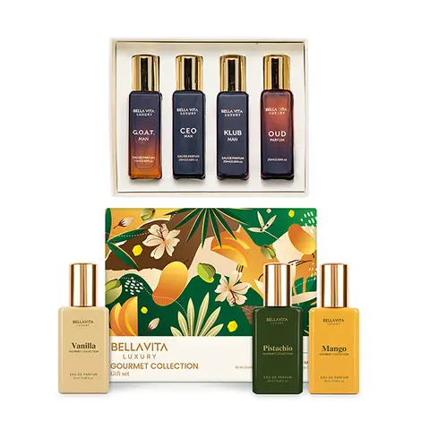 The Gentleman’s Gourmet by BellaVita Luxury | Perfume Combo Gift Set | Men’s Luxury Mini Set 4x20 ml – Oud, CEO Man, Klub Man & G.O.A.T. + Gourmand Collection 3x20 ml – Vanilla, Mango & Pistachio | Long Lasting, Vegan & Cruelty Free Eau De Parfum