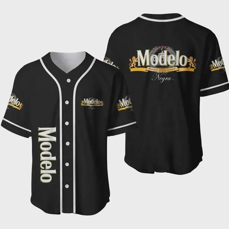 Modelo Negra Beer Baseball Jersey Unisex Oversized Black Gold Lion Crest 1925 Vintage Streetwear Summer Casual Comfort Button-Down Shirt Beer Lover Men Women