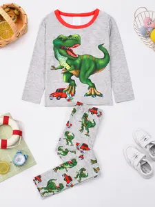 Boys' Dinosaur Print Long Sleeve Shirt & Pants Set, Casual Fitted Fun Bedtime Attire, Print Sleepwear, Comfortable All-Season, 2-Piece Set