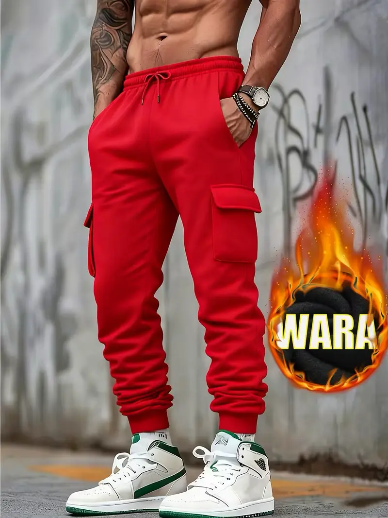 Men’s fashion casual athletic fleece cargo pants, 1 pair. Comfortable fabric, multi-pocket design, spacious capacity—ideal for winter wear and a top choice for holiday travel and outdoor activities. Available in multiple colors with rich hues.