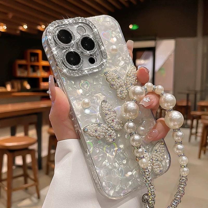 Compatible with iPhone 17 Pro Max/ 16/15/14/13 Shell pattern hand pearl bow phone case-HN312-2