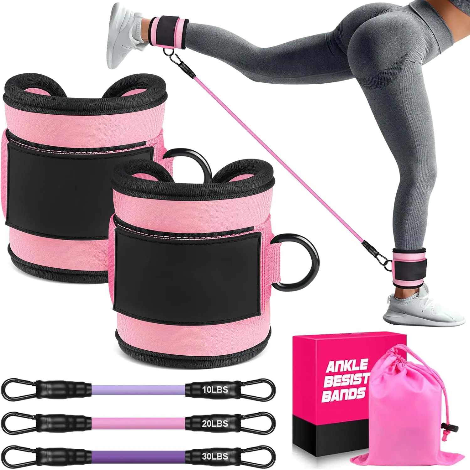 Adjustable Ankle Straps with Latex Resistance Tubes, 3 Levels (10-60 lbs) for Leg and Glute Resistance Training - At Home Gym Equipment, Ankle Straps Exercise, Legs, Latex Tubes