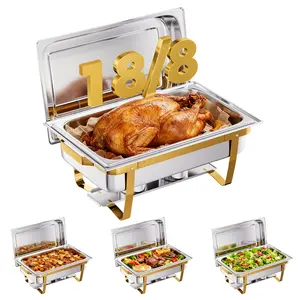 CAMMOO 7 Pans Gold 18/8 (304) Stainless Steel 4 Pack Chafing Dishes for Buffet 9QT Stackable Chafing Dish Buffet Set Food Warmer, Food Warmers for Parties Buffet Catering Events Dinners-RG704