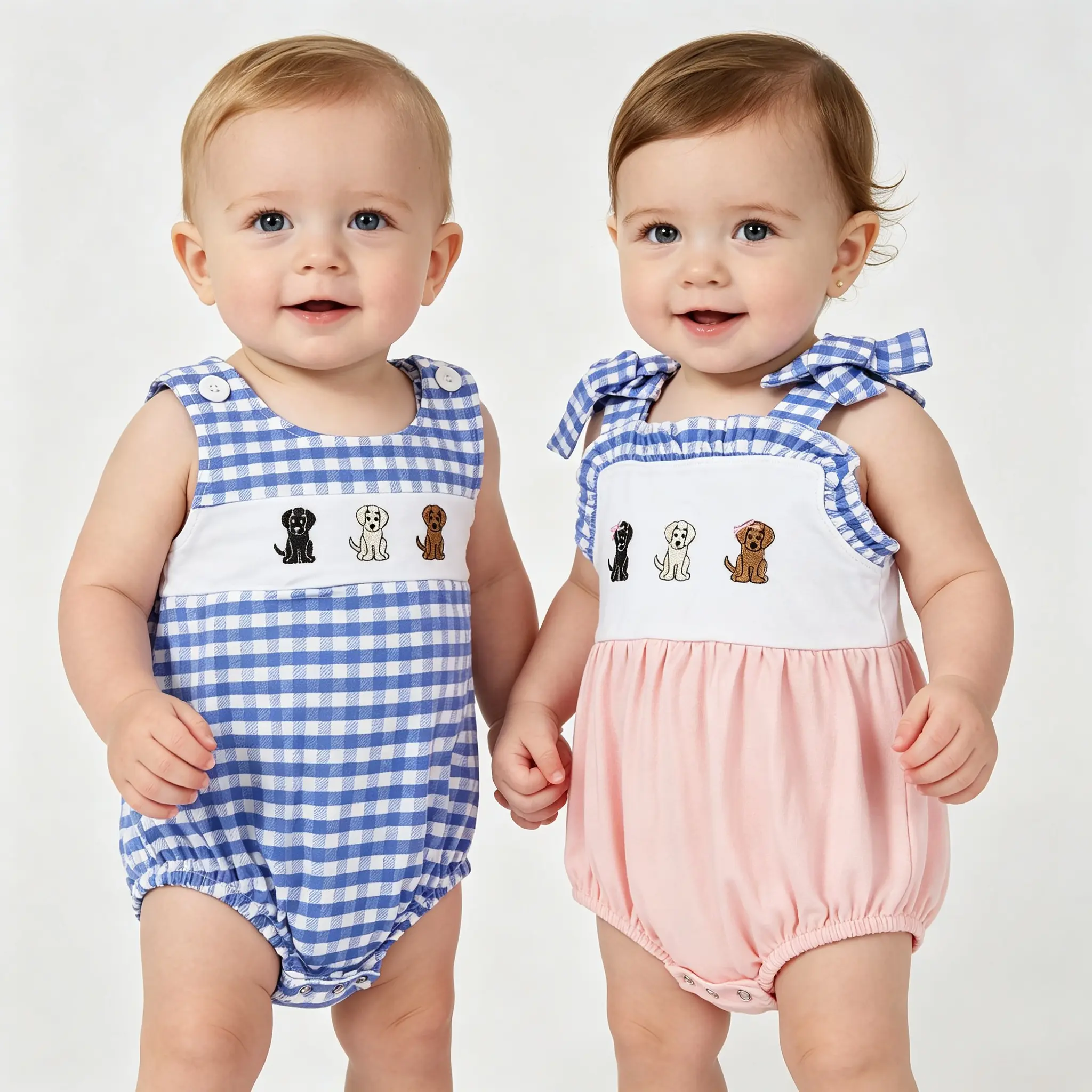 Baby Boy Checkered Onesie, High-Quality Clothes with Embroidered Puppy Motif, 0-3m Sleepwear & Loungewear, Baby Boy Clothes, Animals, Baby Clothing, Checkered/Plaid
