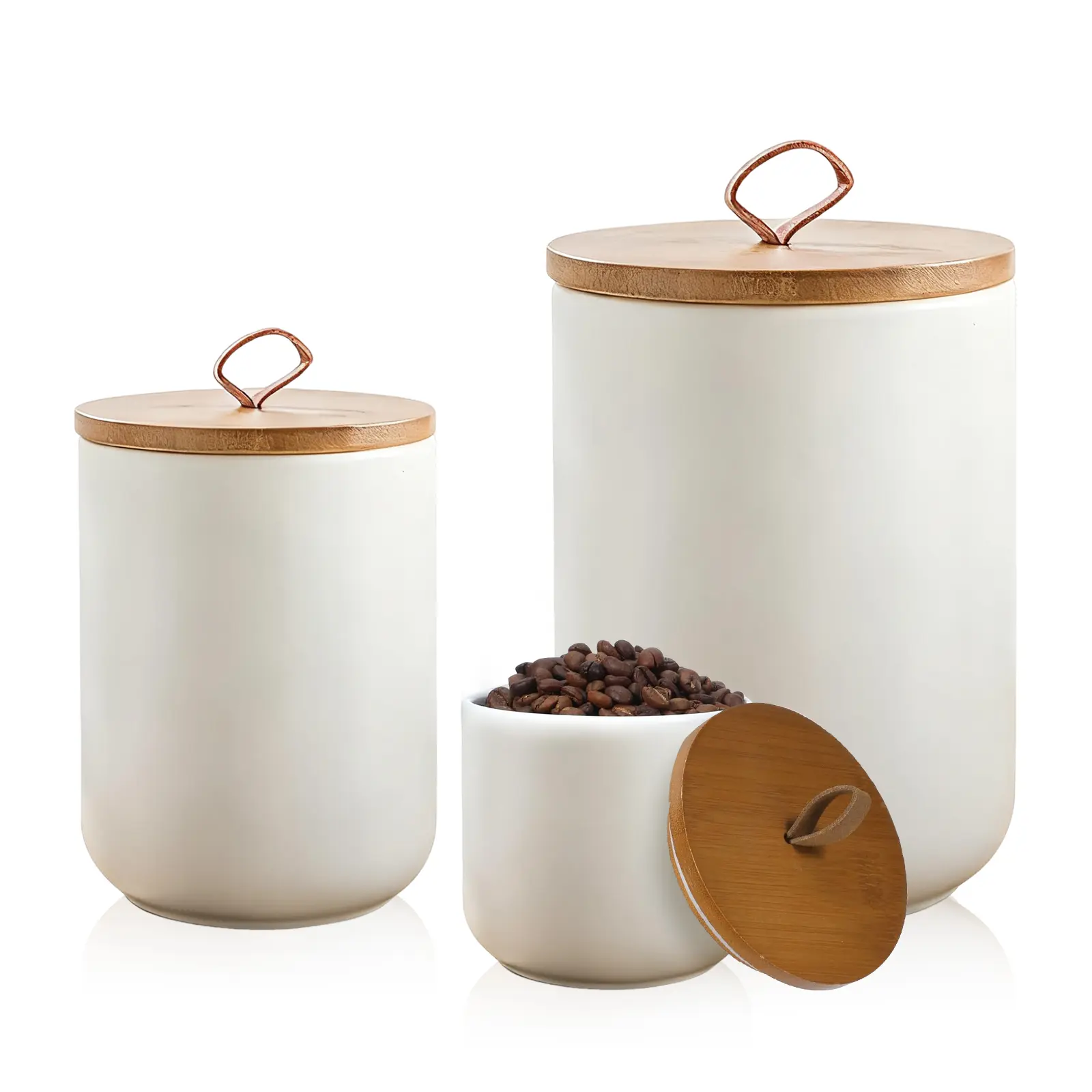 White Ceramic 3-Piece Wide Mouth Jar Canister Set with Bamboo Lids, Silicone-Sealed Smooth Food Storage Containers, Kitchen Counter Scoop-Included for Coffee, Tea Storage