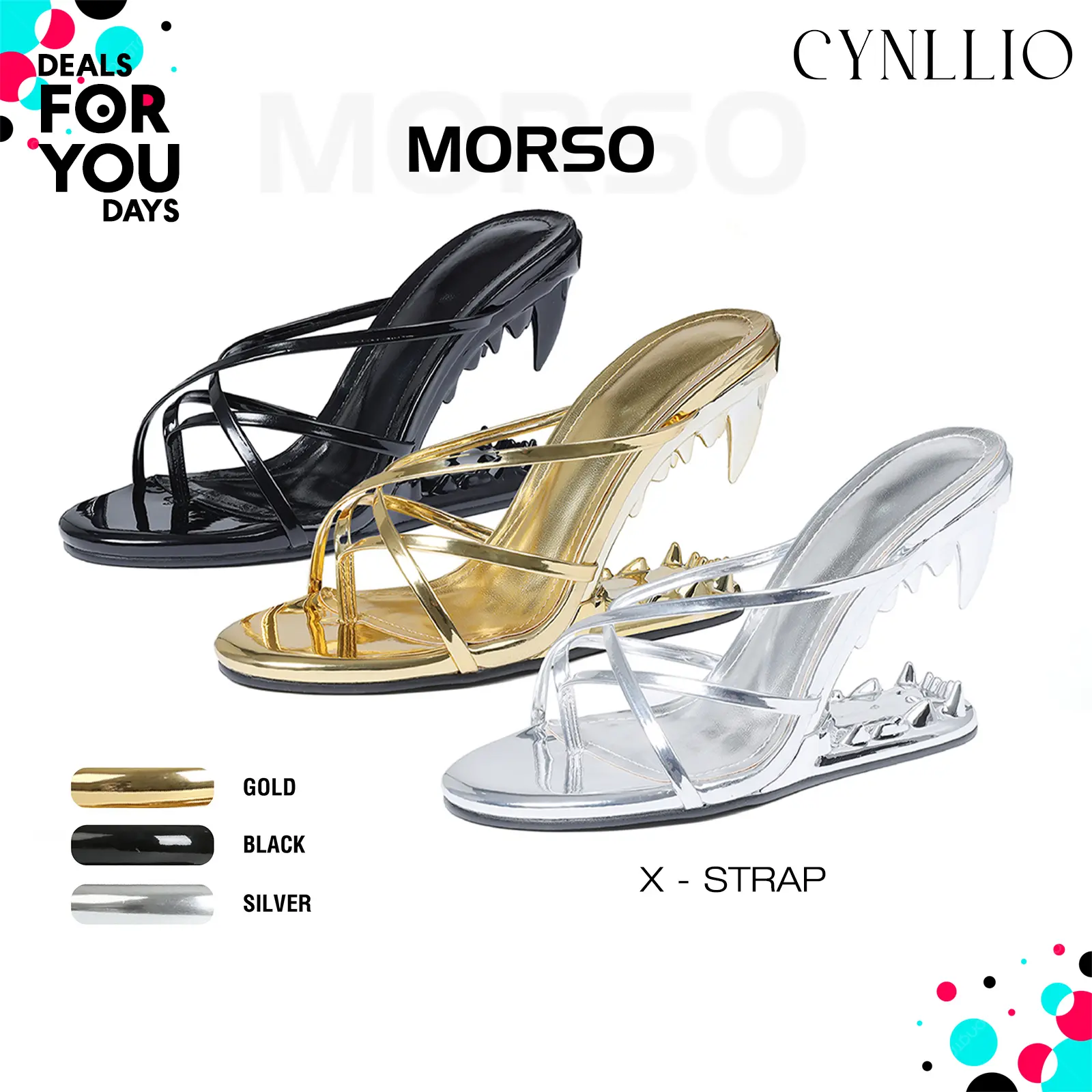 CYNLLIO Morso Sandals For Women Metallic Tiger Teeth Heels Sandals Shark Teeth Heel Open Round Toe Hollow Gothic Cross Strap Summer Graduation Heels Shoe