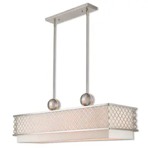 12.5 inch 6 Light Brushed Nickel Linear Chandelier with Hand Crafted Off-White Fabric Shade